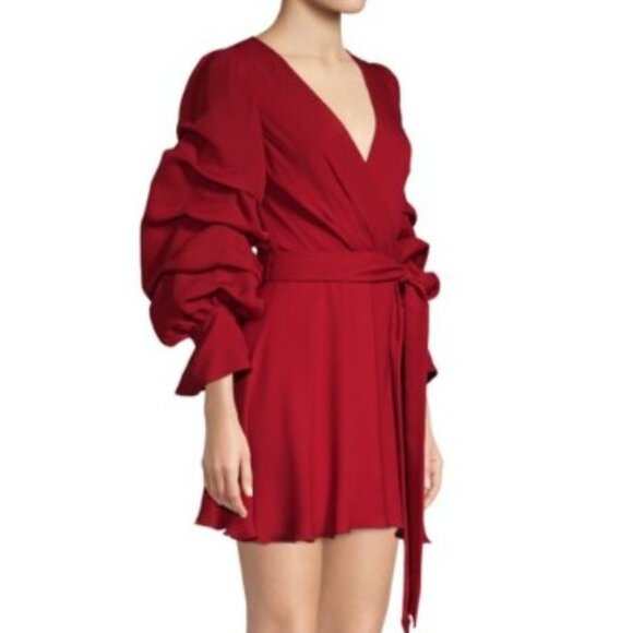 ALICE + OLIVIA Santina Tuck Sleeve Faux Wrap Silk Dress in Bordeaux Wine Size 6 - Picture 2 of 9